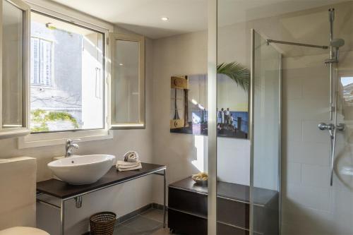 布伦德Villa la Rose des Mers的一间带水槽和淋浴的浴室