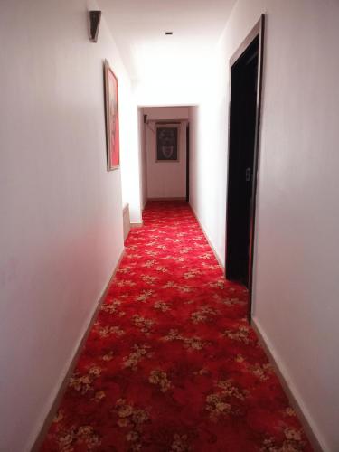 拉各斯Jada Lifestyle & Lounge的一条长长的走廊,有红地毯和一扇门