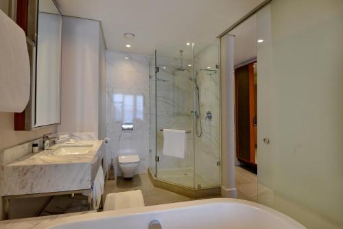约翰内斯堡Houghton Suites的带淋浴、盥洗盆和卫生间的浴室