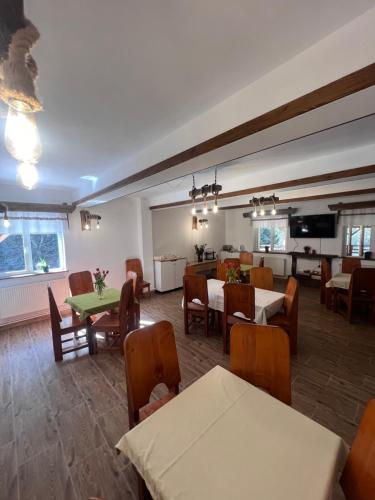 阿尔杰什河畔库尔泰亚Barlogul din Vidraru的一间带桌椅的用餐室和一间厨房