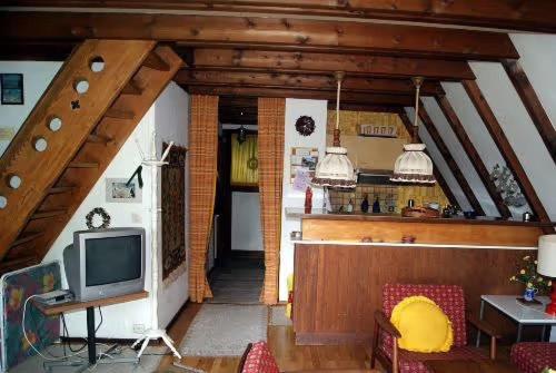 希格斯多夫Ferienhaus Bergwiese的带电视的客厅和厨房。