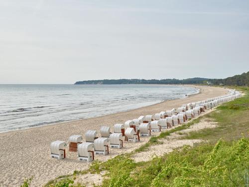 奥斯赛拜-塞林Strandwohnungen Sellin - WG02 mit Terrasse的海边沙滩上的一排椅子