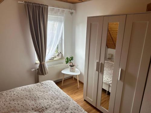 蒂萨Penzion Jako u Babičky的一间卧室设有一张床、一个窗口和一张桌子