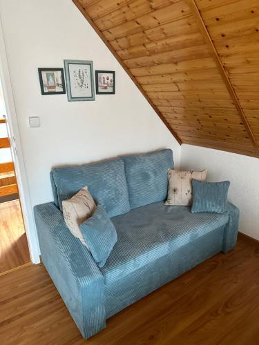 蒂萨Penzion Jako u Babičky的客厅铺有木地板,配有蓝色沙发。