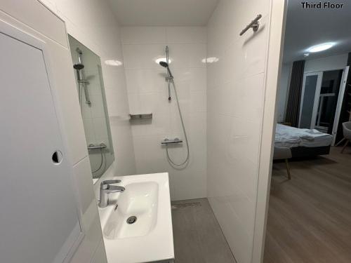 阿姆斯特丹Voyagers Amsterdam的白色的浴室设有水槽和淋浴。