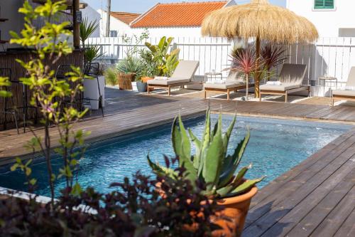 孔波尔塔Casa Idalia Boutique Hotel的一个带甲板、椅子和植物的游泳池