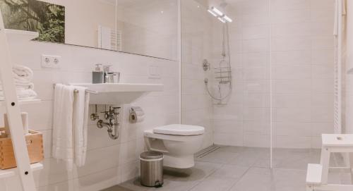 韦斯灵Ferienwohnungen Gut Mischenried的白色的浴室设有卫生间和水槽。