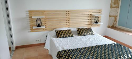 Conne-de-LabardeGite La Grange aux Oiseaux的一间卧室配有一张带两个枕头的床