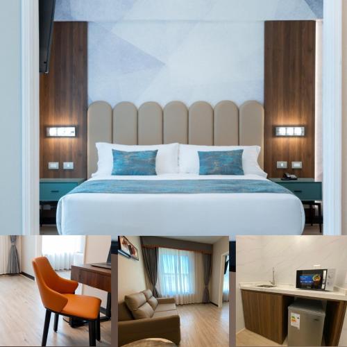 圣地亚哥Hotel HW EXPRESS的酒店客房配有一张床、一张桌子和一把椅子。
