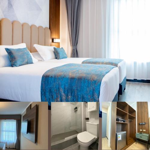 圣地亚哥Hotel HW EXPRESS的两张图片的酒店客房 - 带一张床和电视