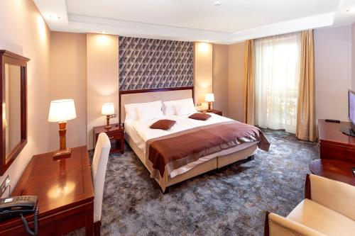 莫劳豪洛姆斗兽场酒店的配有一张床和一张书桌的酒店客房