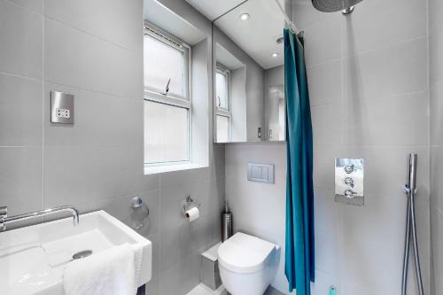 伦敦Modern 3 Bed Apartment in Hampstead的浴室配有卫生间、盥洗盆和淋浴。