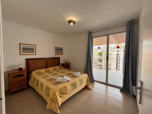 萨洛Apartamentos Santa Rosa Palmyra的一间卧室设有一张床和一个滑动玻璃门