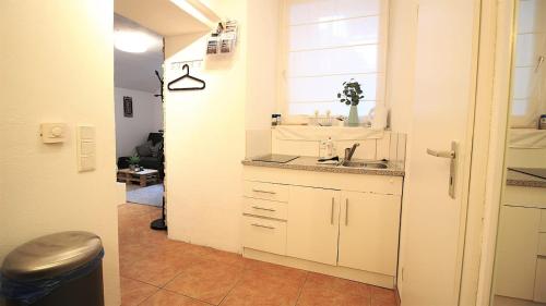 维尔茨堡fully equipped apartment near main station的一个带水槽和窗户的小厨房