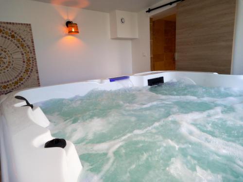 阿维尼翁Appartement d'une chambre avec piscine partagee jacuzzi et jardin clos a Avignon的浴室设有装满水的浴缸。
