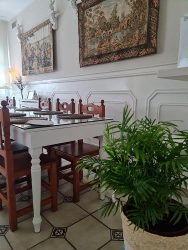 坎巴多斯帕斯托拉卡斯A酒店的一间设有桌子和盆栽的饭厅
