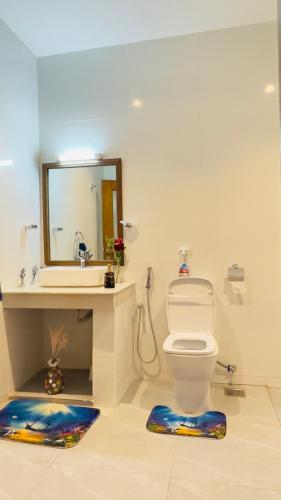 蒙巴萨The pontoons的一间带卫生间、水槽和镜子的浴室