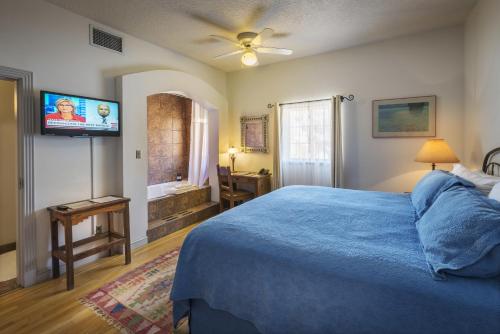 特鲁斯康西昆西斯Sierra Grande Lodge & Spa的一间卧室配有蓝色的床和一台平面电视