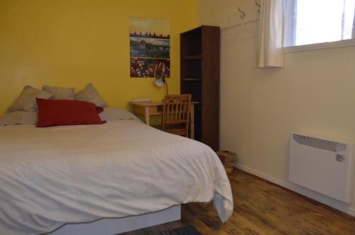 七岛市乐塔甘奥贝格国际酒店的卧室配有白色的床和红色枕头
