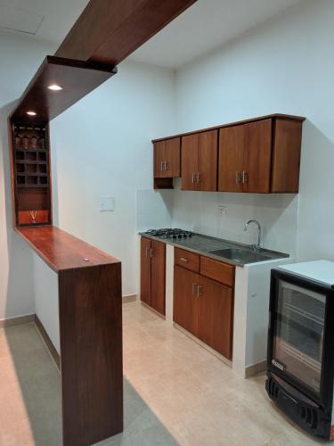 阿沃莱特斯Apartamento Confort的一间带木制橱柜和水槽的厨房以及一台电视。
