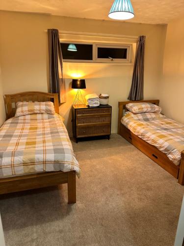 阿姆奇The Snug的一间卧室配有两张床和一张带台灯的桌子