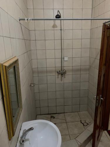 卢萨卡SUPERSTONE LODGE的带淋浴、水槽和卫生间的浴室