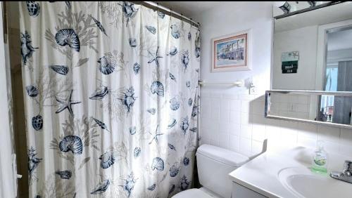 基克罗尼海滩Paradise awaits you at Key Colony Beach的浴室设有淋浴帘、卫生间和水槽