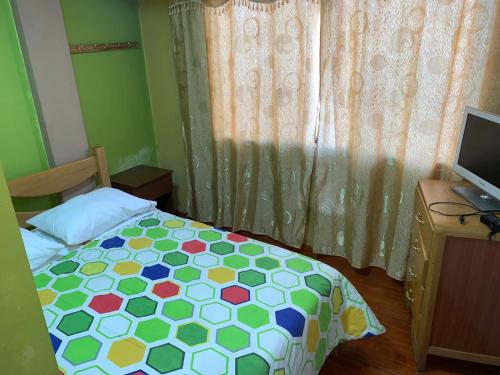 阿亚库乔Hospedaje Luciano的一间小卧室,配有一张床和电视
