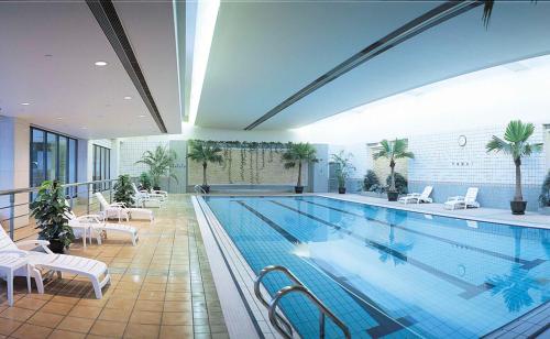 上海上海东锦江希尔顿逸林酒店（入住赠送欢迎曲奇）的一个带白色椅子的大型游泳池和一个游泳池