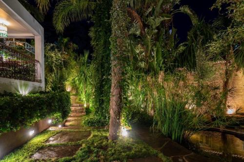 舍夫沙万莫利诺花园酒店的棕榈树和灯光的夜间花园