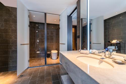 济南Jinan Ziyue Meixiu Hotel的一间带水槽和淋浴的浴室