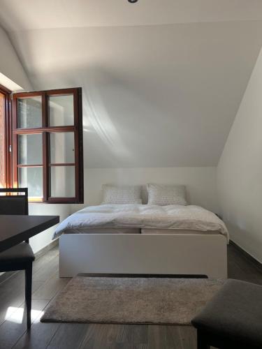马瑟尔贝格Ferienwohnung Werraquell Hütte的白色的卧室设有床和窗户