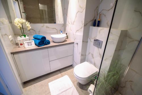 蒂黑Apartament EcoPure Tychy的白色的浴室设有卫生间和水槽。