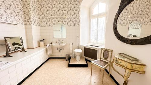 梅谢尼希Burg Satzvey的一间带水槽和镜子的浴室