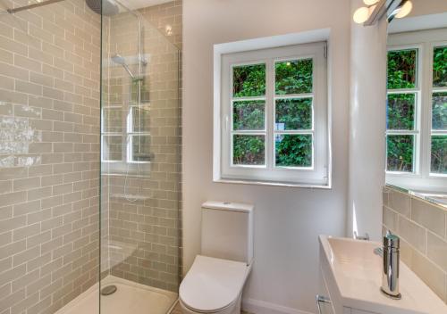 AldertonSpring House Studio的一间带卫生间和玻璃淋浴间的浴室