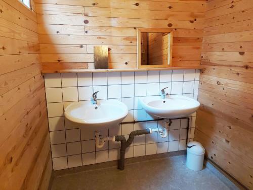 TorestorpGemütliches Tiny House Uggla im Wald am See的浴室设有木墙和2个水槽。