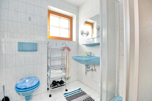 费尔德基兴Haus Sonnenschein的浴室设有蓝色的卫生间和水槽。