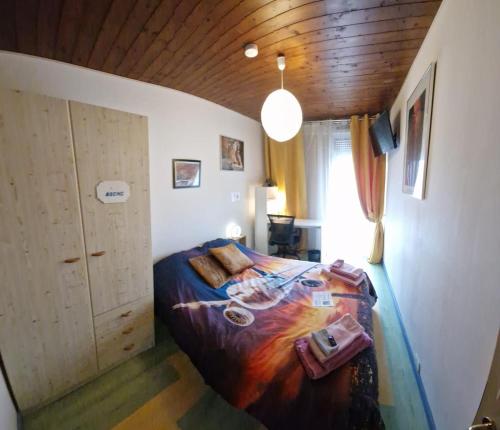 日内瓦Maison des pilotes的一间卧室设有一张床和木制天花板