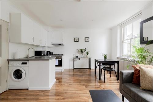 伦敦Primrose Hill Charming 1-Bed Flat的厨房以及带洗衣机的起居室。