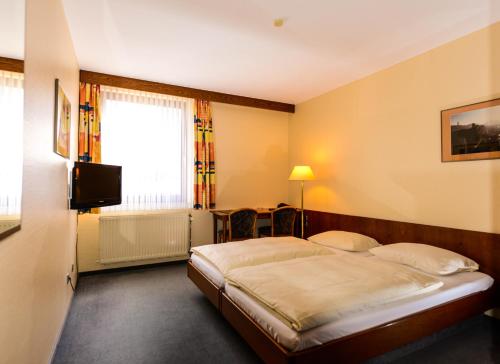 卢森堡APPART-HÔTEL MARCO POLO的酒店客房,配有床和电视