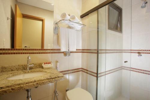 戈亚尼亚Castelo Inn Hotel的浴室配有卫生间、盥洗盆和淋浴。
