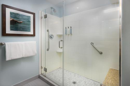 新布朗费尔斯新布劳恩费尔斯河村庄万怡酒店的浴室里设有玻璃门淋浴