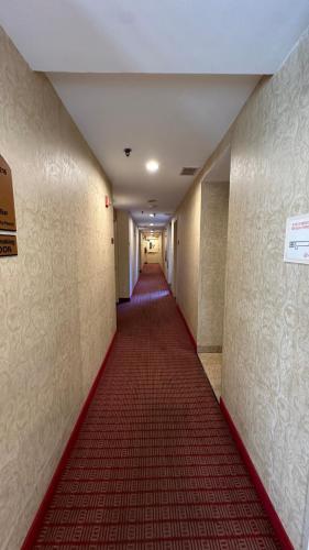 长岛市Crescent Hotel的走廊上一条铺有红地毯的长走廊