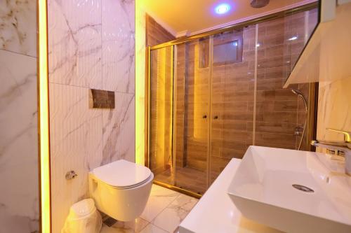阿拉尼亚Alanya Luxury Villas的带淋浴、卫生间和盥洗盆的浴室