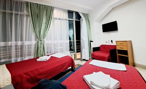 皮罗特HOTEL Crystal Lights的酒店客房设有两张床和窗户。