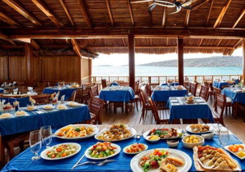 赫尔格达Davinci Beach Hotel的一间设有蓝色桌子和盘子的餐厅