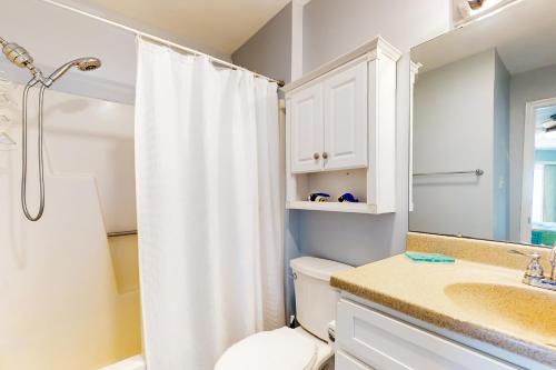 橡树岛Oceanview Bliss的带淋浴、卫生间和盥洗盆的浴室