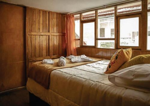 库斯科BEAUTIFUL, SPACIOUS & COZY HOUSE LOCATED IN THE HEART OF CUSCO的一间卧室设有两张床和两个窗户。