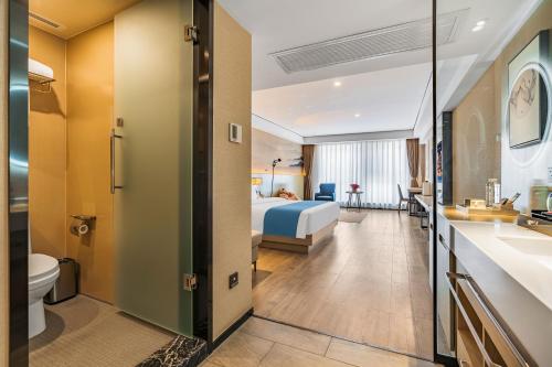 昆明昆明官渡华美达安可酒店的一间酒店客房 - 带一张床和一间浴室