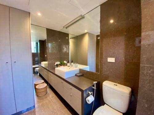 悉尼Beautiful 1 bedroom unit 1 block from Coogee beach的一间带卫生间、水槽和镜子的浴室
